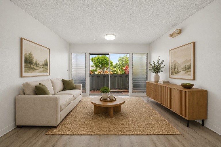 Living room with sliding doors to courtyard