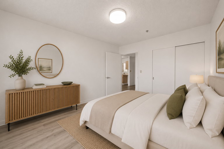 Primary bedroom with upholstered bed