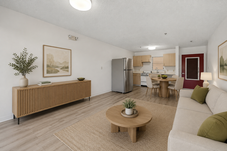 Open living, dining, and kitchen area
