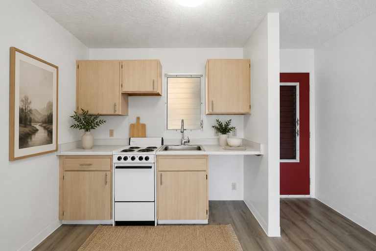Kitchen with light wood cabinets and range